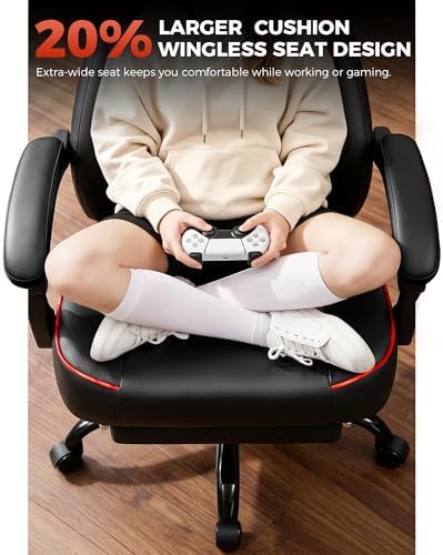 GTPLAYER Big and Tall Gaming Chair with Footrest, High Back Ergonomic Office Chair for Adults, Heavy Duty 350 lbs Capacity, Premium Leather & Iridescent Trim, ACE-Armor, Red