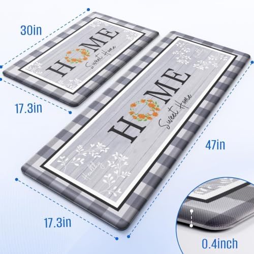 Kitchen Mats 2PCS, Anti Fatigue Rugs, 17.3x30+17.3x47.2in, Grey