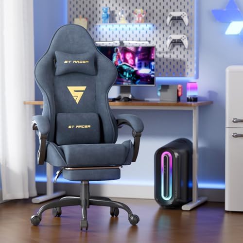 Soontrans Grey Velvet Gaming Chair with Footrest, Ergonomic Reclining Computer Desk Chair, Massage Lumbar Cushion & Headrest, Comfortable Video Game Chair for Adults