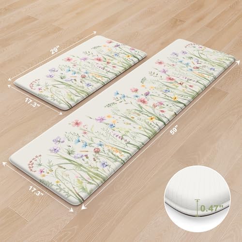 KIMODE Anti Fatigue Kitchen Mats for Floor, Floral Kitchen Rugs Set of 2