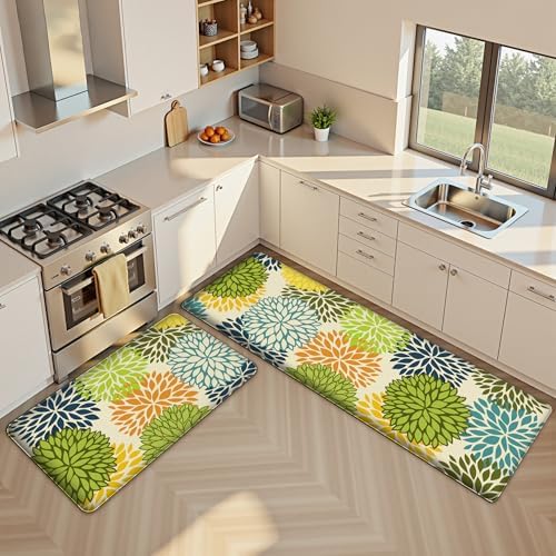 Kitchen Mats Set of 2 Cushioned Anti Fatigue Kitchen Rugs Mats Non Slip Waterproof Kitchen Runner Memory Foam Floor Mat Comfort Standing Mat for Sink,Office,Laundry, Multi Green
