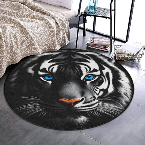 Large Machine Washable Circular Rugs, Home Decor Round Mat for Living Room Sofa Office White Tiger