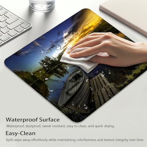 Boat at Lake Shore Mouse Pad, Rustic Bridge Wooden Pier Sunset Desk Mat