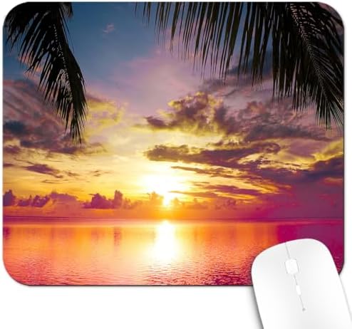 9.5x7.9 Inch Office/Gaming Mouse Pad, Tropical Paradise Serene Beach Sunset Over Ocean Palm Tree, Cute Anti-Slip Mat for Desk Decor