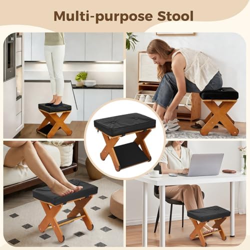 Double Step Foot Rest Under Desk, Ergonomic Wood Foot Stool with PU Cushion Top, Desk Foot Rest for Office Chair, Under Desk Footrest Stool for Work, Leg Rest Support (Walnut Finish)
