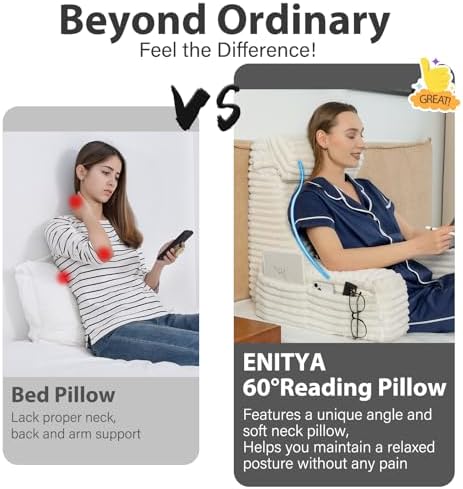 ENITYA 22" XL Back Pillow for Bed Sitting Up with Armrests & Big Pockets