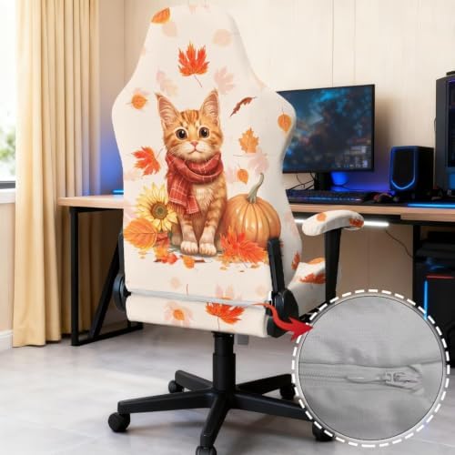 Fall Maple Leaf Gaming Chair Protector Slipcover 4-Piece Fits Office/PC Boss Recliners Anti-Scratch Washable with Zipper for Living Room Orange Cat Pumpkin
