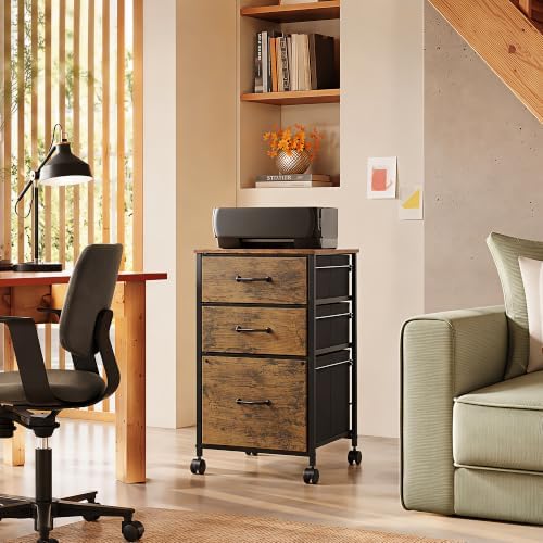 DEVAISE 3-Drawer Mobile File Cabinet, Rolling Printer Stand, Rustic Brown