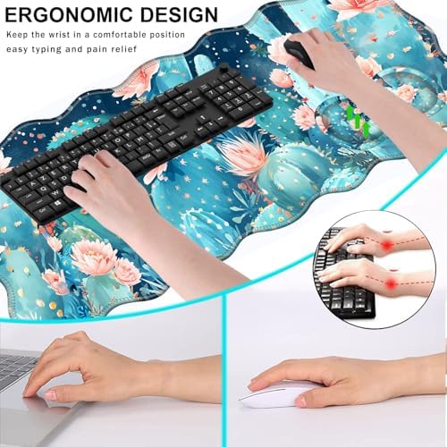 Mouse Pad with Wrist Support + Desk Mat + Coaster 3 in 1 Set, XL Large Gaming Mousepad Ergonomic Mouse Pads for Desk Computer Laptop Office,Cute Cactus
