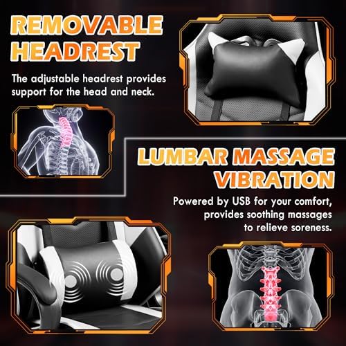 ECOTOUGE White Ergonomic Gaming Chair Massage Lumbar Rocking High Back