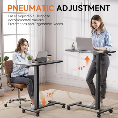 GTPLAYER Small Standing Desk with Lockable Wheels, Pneumatic Mobile Rolling Laptop Desk,Adjustable Height Overbed Bedside Table Computer Workstation for Home Office (32" W x 18" D, Black)