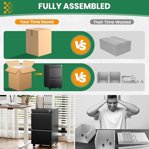 2 Drawer Locking Under Desk Metal Storage Cabinet on Wheels for Legal/Letter/A4 Files (Fully Assembled, Black)