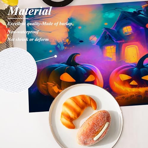 Shrahala Halloween Jack O Lanterns Set Of 4 12 X 18 Inch Linen Placemats , House In Magical Misty Burlap Table Mat Washable Double Layered Heat Insulation For Indoor/Outdoor