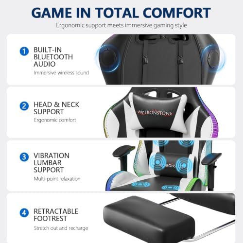 Mr IRONSTONE RGB Gaming Chair with Bluetooth Speakers, Multi-Point Vibration Massage Gaming Chair (Seat, Back & Lumbar), Ergonomic High Back Recliner, Footrest for Adults, Iridescent Black