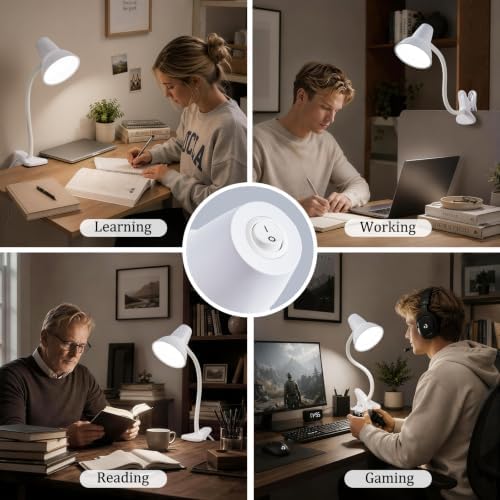 Clip On LED Desk Lamp, Flexible Arm, Eye-Caring Study Lamps for School Dorm