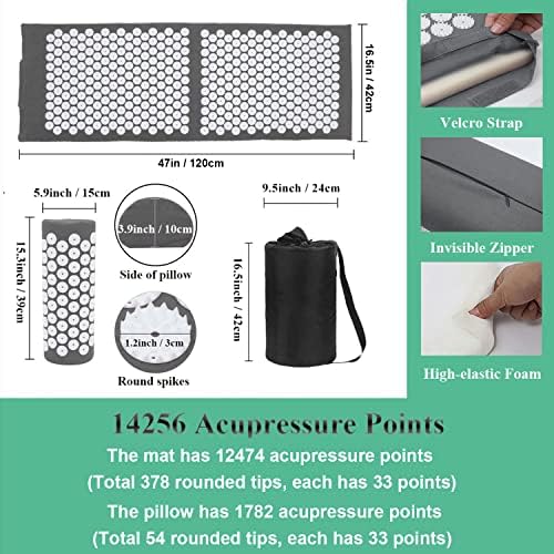 XiaoMaGe 47" Acupressure Mat and Pillow Set with Carry Bag (Gray)