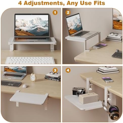 Desk Extender, 15-inch Clamp-On Desk Shelf, Height-Adjustable Desktop Shelf Organizer for Monitors Office and Gaming Accessories, Arm Support Table Extension, 44lbs Heavy Duty, White