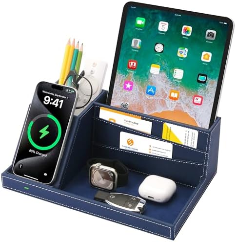 Desk Organizer with Charging Station, Nightstand Organizer Phone Docking Station, Men Gift Husband Wife Anniversary Dad Birthday Nightstand Purse Father Graduation Male Travel Idea Gadgets