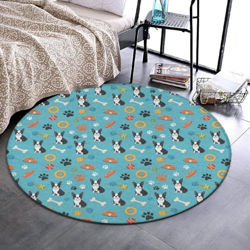 Large Home Decor Mat, Soft Round Yoga Carpet, Non Slip Machine Washable Kitchen Office Circle Rug Boston Terrier Dogs, 24inch
