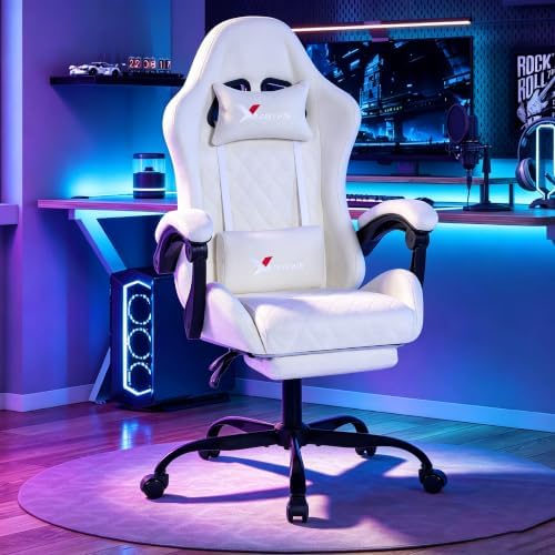 Fabric Gaming Chair for Adults, Ergonomic Computer Office Desk Chair with Footrest,Pocket Spring Cushion, Reclining High Back Silla Gamer for Home Office, White