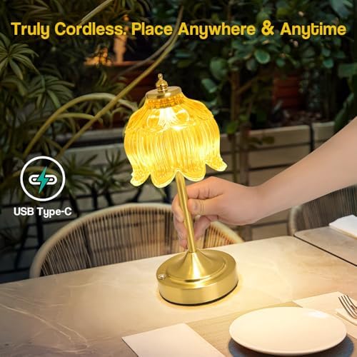 Cordless Table Lamp, Rechargeable Honey Gold Glass Lotus Flower Lamp
