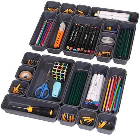 Set of 22 Interlocking Desk Drawer Organizer Tray Dividers Plastic Shallow Narrow Drawers Organizers Separators and Storage Bins Container for Kitchen Bathroom Makeup Office Vanity Bedroom Dresser