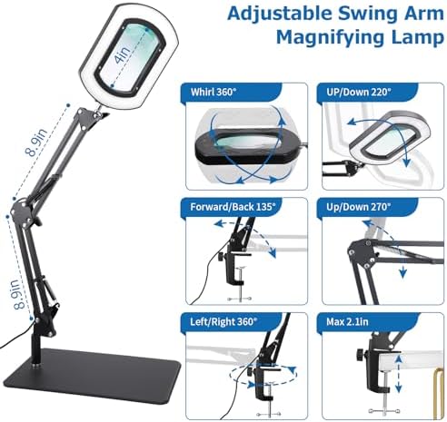 15X Rectangle Magnifying Glass with Light and Stand, Hands-Free Real Glass Lighted Magnifier, Touch Control 5 Color Modes Stepless Dimmable, 2-in-1 LED Desk Lamp with Clamp for Close Work, Reading