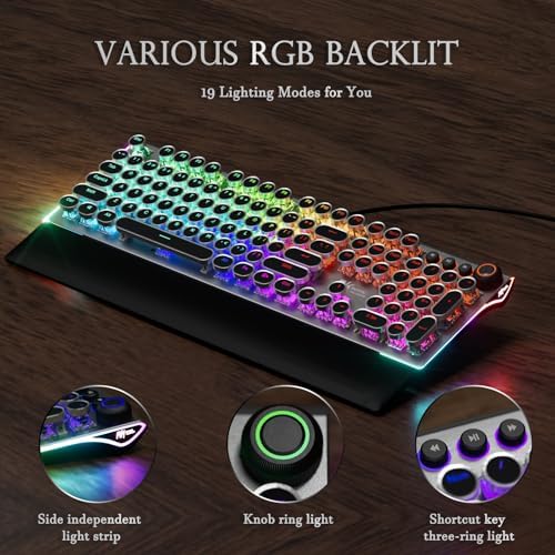 RK ROYAL KLUDGE X108 Typewriter Keyboard with Knob, Wired Mechanical Gaming Keyboard, 108 Keys RGB Backlit Sidelight, Detachable Wrist Rest, Retro Round Keycaps Blue Switches - Shadow Black