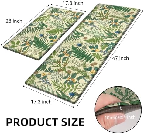 2PC Botanical Kitchen Rugs Set, Beige Green, 17.3"x28" + 17.3"x47"