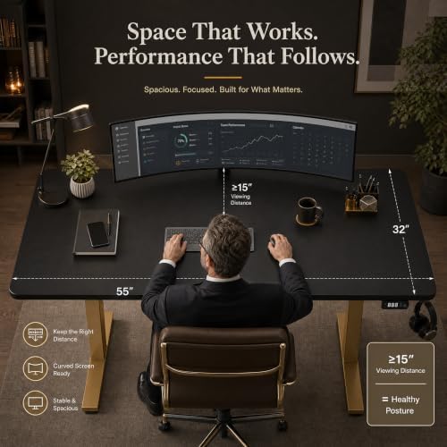 Grandder 55x32 Extra-Deep Electric Standing Desk, Wide Desktop Fits 49" Ultrawide Monitor+Dual Screens, 176 lbs Capacity, 2 Memory Presets, Anti Collision, Computer Desk, Black Top&Gold Frame