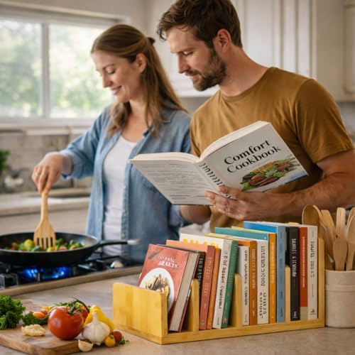 Natural Bamboo Cookbook Organizer Stand, 4 Slots Vertical Book Rack for Kitchen Countertop,Sturdy Recipe Book Holder & Binder Organizer,Easy to Assemble Cookbook Storage for Desk,Living Room
