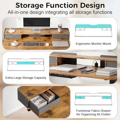 Electric Standing Desk with Drawers, 63 Inch Height Adjustable Desk with Power Outlets & LED Lights, Sit Stand Table with Monitor Stand for Home, Office, Brown
