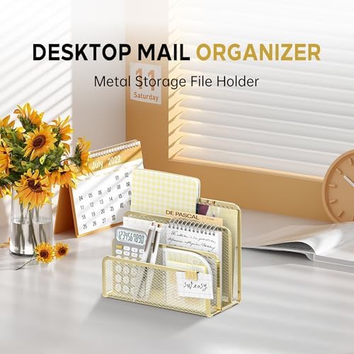 Mail Organizer Countertop for Desk, Mail File Holder with 3-Slot, Gold