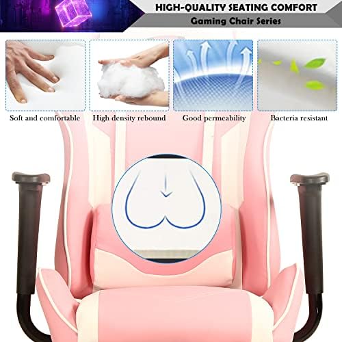 Pink Gaming Chair with Footrest, PU Leather Gaming Chairs for Adults, High Back Comfy Office Chair Ergonomic Desk Chair Computer Chair, Reclining Gamer Chair, Height & Backrest Adjustable, 300 Lbs