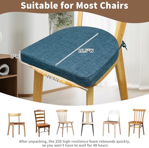 Chair Cushions for Dining Chairs 6 Pack 35D High-Density Foam Seat Cushions for Kitchen Chairs with Ties Non Slip and Removable Cover Chair Pads 16.5" x 16.5" x 2" (Lake Blue)