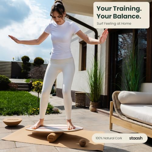 STAASH® Balance Board Full Kit – Premium Birch Wood Trainer with Cork Roller, Balance Disc, Massage Ball & Anti-Slip Mat – Core Strength, Surf, Snowboard & Rehab Training – All-In-One Set