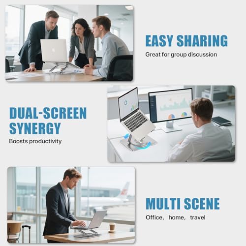 Laptop Stand for Desk, Adjustable Height & Angle Portable Aluminum Laptop Riser & Monitor Stand with 360° Swivel, Foldable Ergonomic Computer Stand for 10-17 Inch Laptops (MacBook/Dell/HP), Silver.