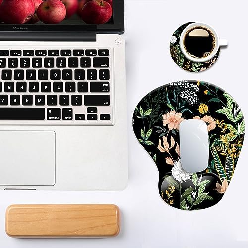 Dooke Ergonomic Mouse Pad with Wrist Support, Cute Mouse Pads with Non-Slip PU Base for Home Office Working Studying Easy Typing & Pain Relief Black Floral