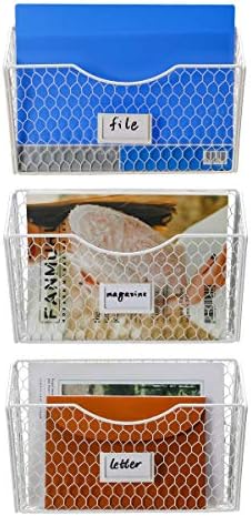 PAG-Mass 3 Pockets Hanging File Holder Wall Mount Mail Organizer Metal Chicken Wire Magazine Rack with Tag Slot, White