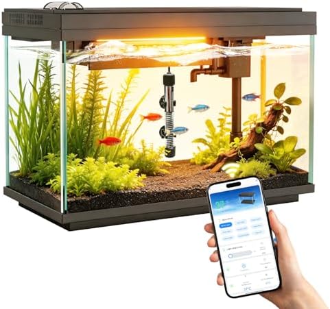 Smart Aquarium 5 Gallon Glass Fish Tank with Silent Water Pump, Self Cleaning System Efficiency Filter 7-Color LED Lights Automatic Feeder Temperature Display HD Glass, Smart Control with App, Black