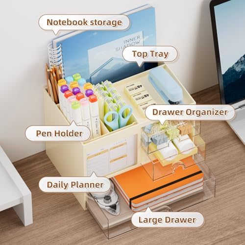 Marbrasse Desk Organizer with 3 Drawer, Multi-Functional Pencil Pen Holder for Desk, Desktop Organizer Storage for Office Home Art Supplies (Beige)