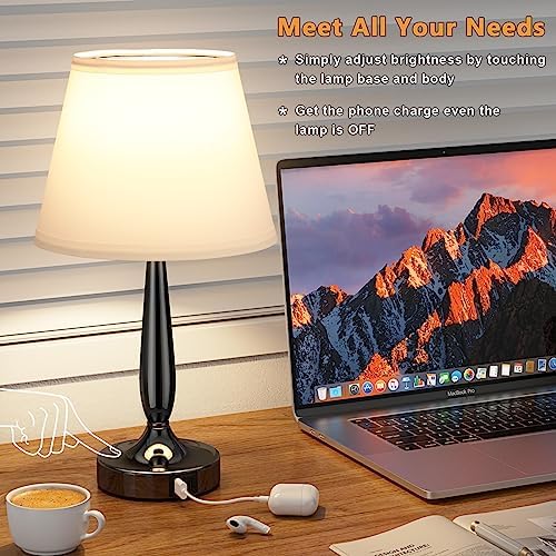 Kakanuo Touch Bedside Lamp for Bedroom with USB C Port, Small Touch Table Lamp with 2 USB Charging Ports, 3 Way Dimmable Nightstand Lamp for Living Room and Office - White (LED Bulb Included)