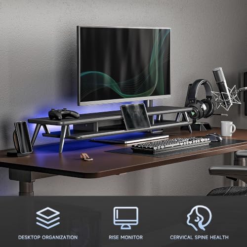 Fenge Dual Monitor Stand Riser, Wooden Desk Shelf with 2-Tier Storage