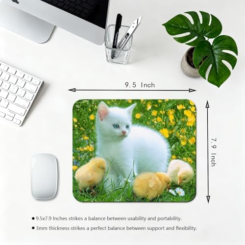 9.5x7.9 Inch Office/Gaming Mouse Pad, Lovely White Kitten and Chicks in a Blooming Meadow Adorable Pets Funny Scene Cute Anti-Slip Mat for Desk