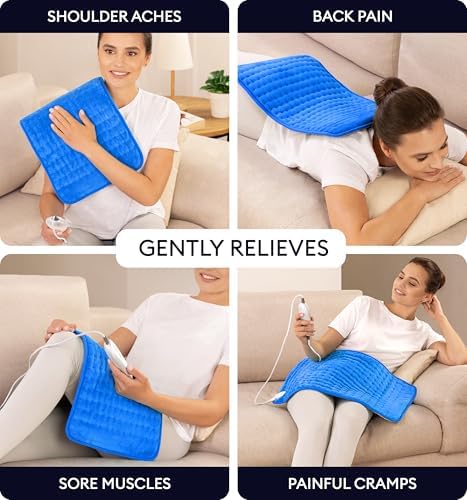 GENIANI Electric Heating Pad for Back Pain & Cramps Relief, Electric Throw, Auto Shut Off, Machine Washable, Moist Heat Pad for Neck & Shoulder, 12x24 Electric Blue