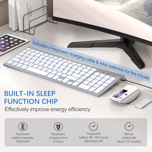 Wireless Backlit Keyboard and Mouse Ultra Slim Combo, TopMate -Silver White