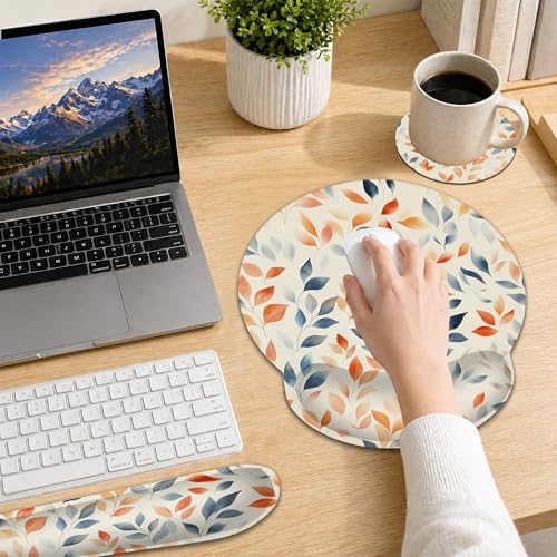 Ergonomic Keyboard and Mouse Wrist Rest Set, Autumn Leaves Mouse Pad with Non Slip Base, Soft Cloth Surface for Office and Home Typing Support