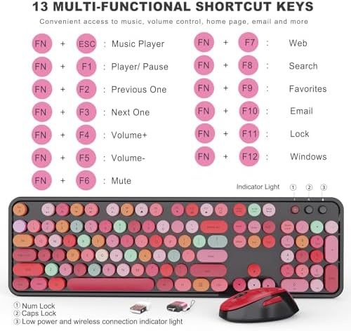Wireless Keyboard and Mouse Combo, Ergonomic Full Size Typewriter Retro Round Keycaps Keyboard, Compatible with Windows, PC, Perfer for Home and Office Keyboards (Red