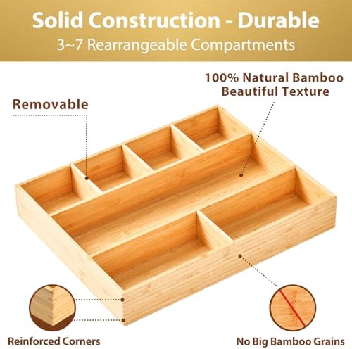 Umilife Large Bamboo Desk Drawer Organizer, Wood Office Junk Tray, 15"x12"