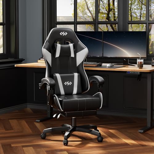 HLDIRECT Gaming Chair with Footrest, Lumbar Support & Headrest, Black&White